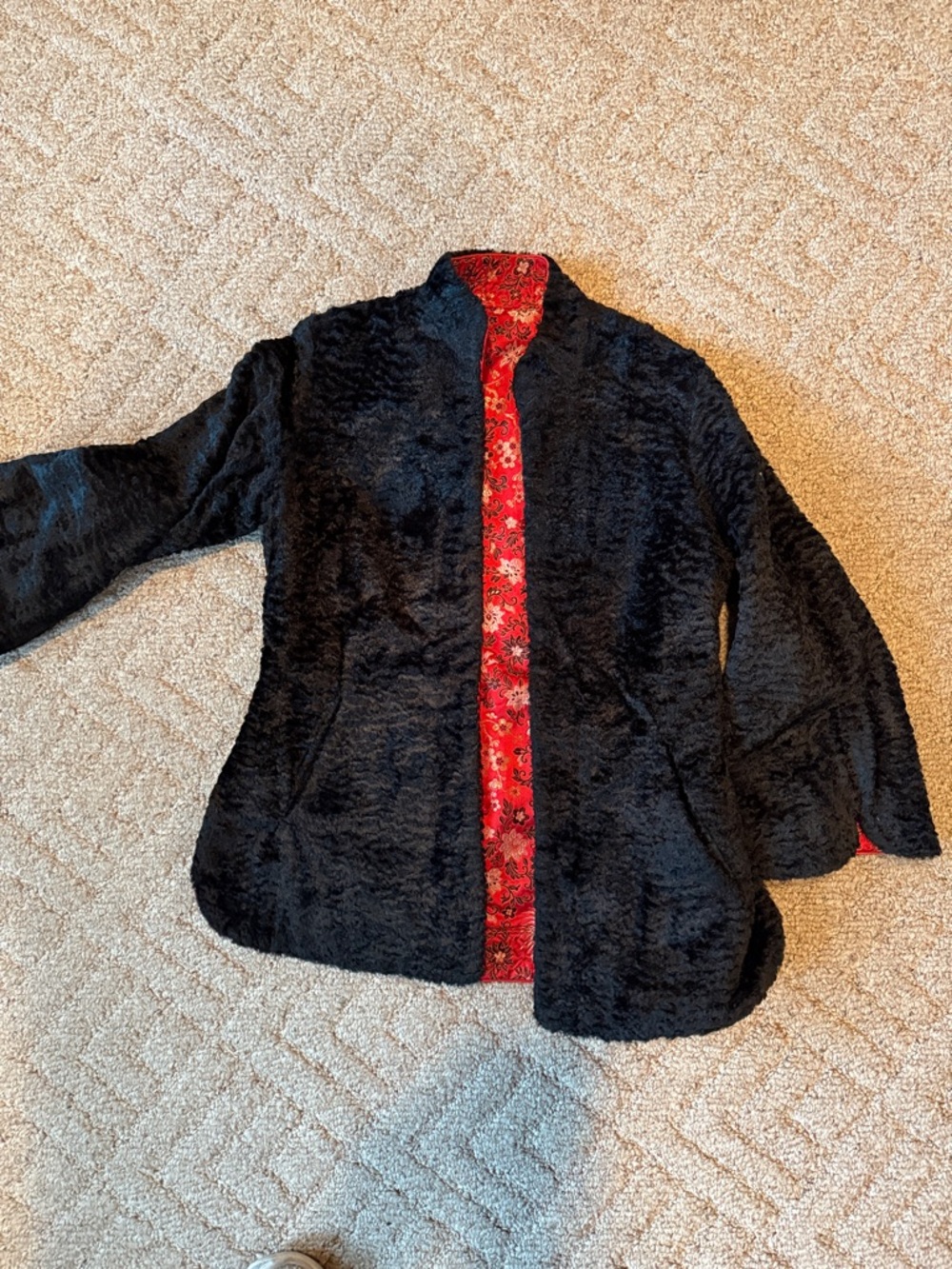 Vintage Black Faux Fur Jacket with Red Floral Trim